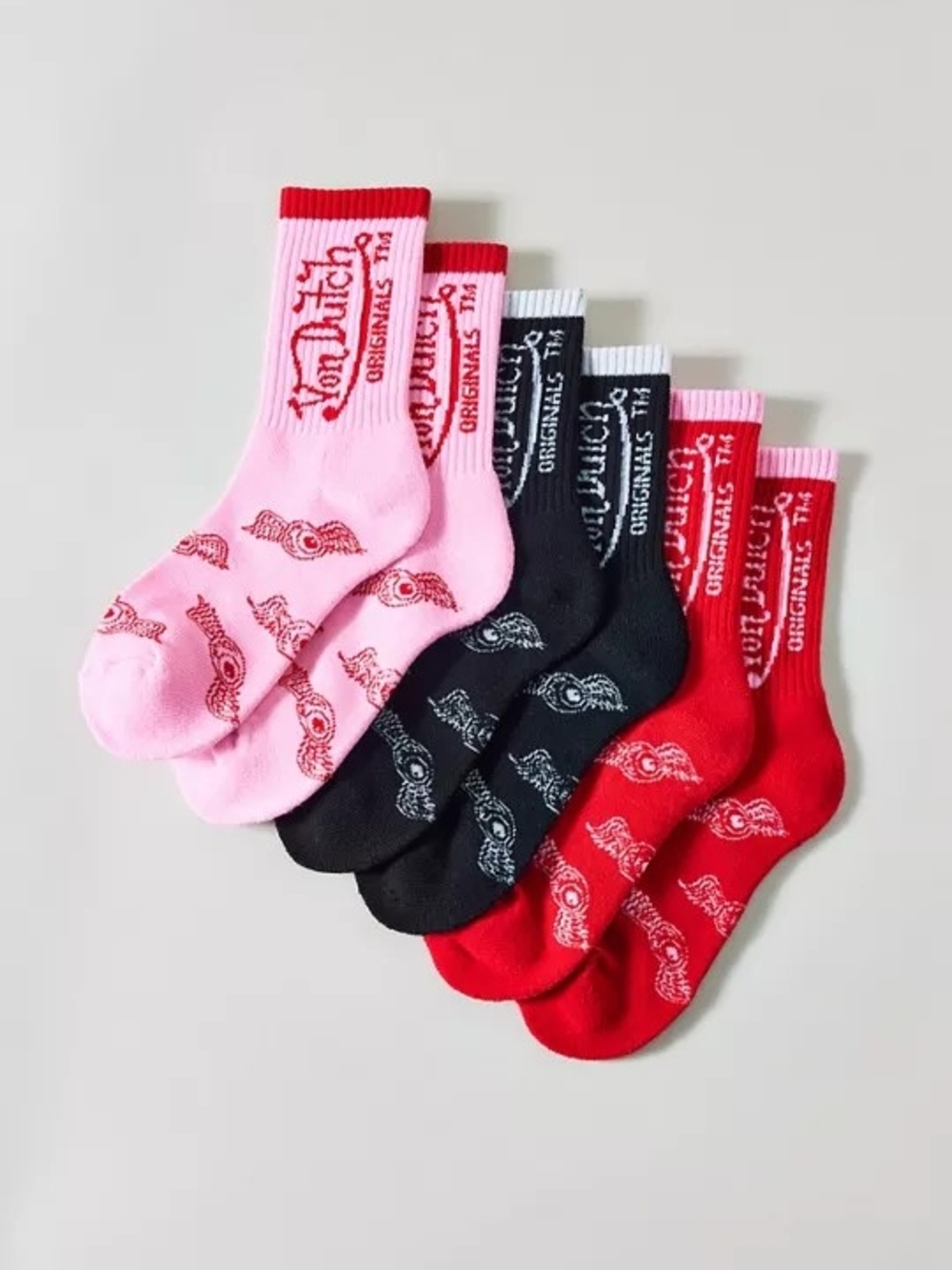 Von Dutch 3-Pack Crew Socks - Pink, Black, Red